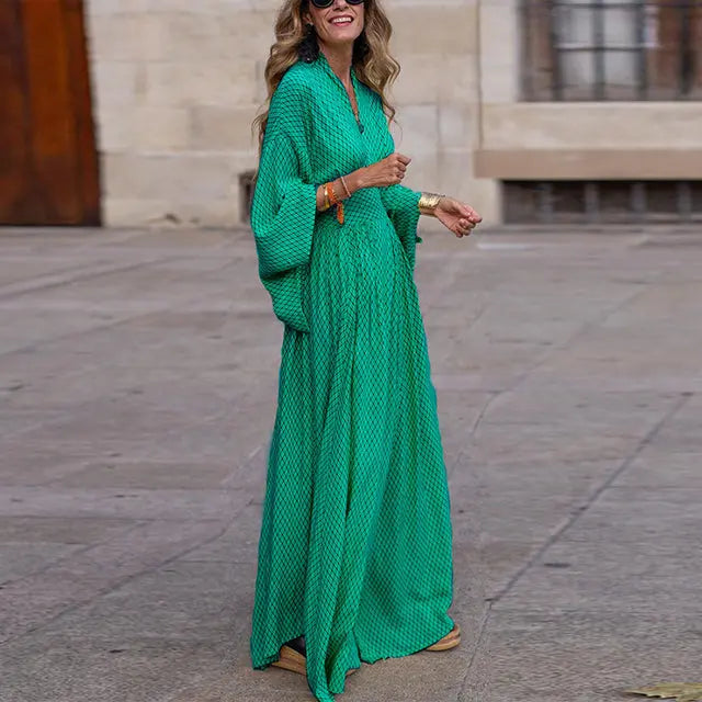 Daan - Boho Zomerjurk Dames Maxi met V-hals en Wijde Ballonmouwen