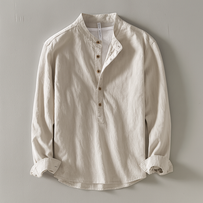 Daan - Casual Linnen Blouse Heren met Staande Kraag en Halfopen Knoopsluiting