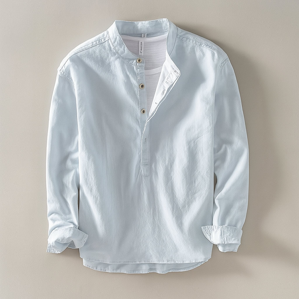 Daan - Casual Linnen Blouse Heren met Staande Kraag en Halfopen Knoopsluiting