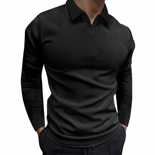 Daan - Heren Polo Lange Mouw Geribd met Open Kraag en Slim Fit Pasvorm