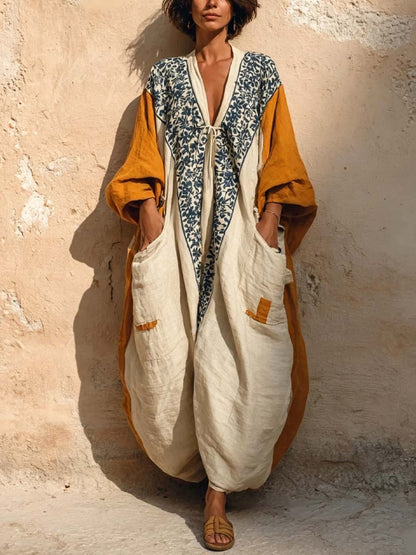 Demi - Boho Linnen Jumpsuit Dames met Diepe V-hals en Kleurblok Mouwen