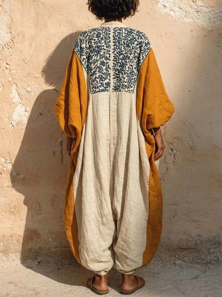 Demi - Boho Linnen Jumpsuit Dames met Diepe V-hals en Kleurblok Mouwen