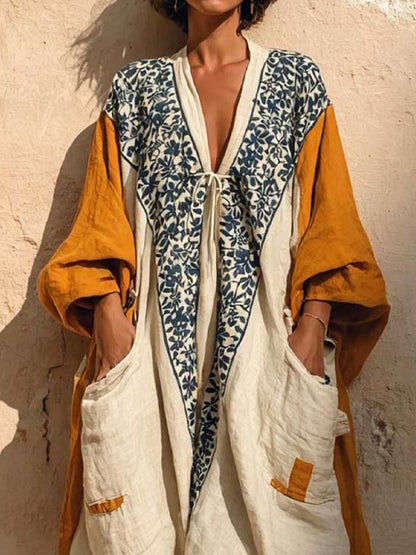 Demi - Boho Linnen Jumpsuit Dames met Diepe V-hals en Kleurblok Mouwen
