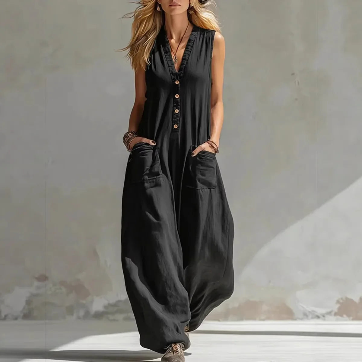 Demi - Boho Linnen Jumpsuit Dames met V-hals en Zakken