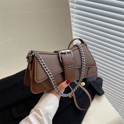 Tas Dames - Stoere Schoudertas met Ketting en Zilveren Gesp | Chic