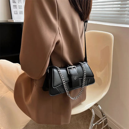 Tas Dames - Stoere Schoudertas met Ketting en Zilveren Gesp | Chic