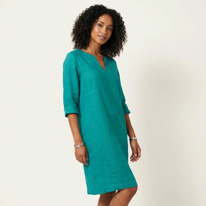 Eline - Casual Linnen Jurk Dames Midi met V-Hals en Oprolbare Mouwen