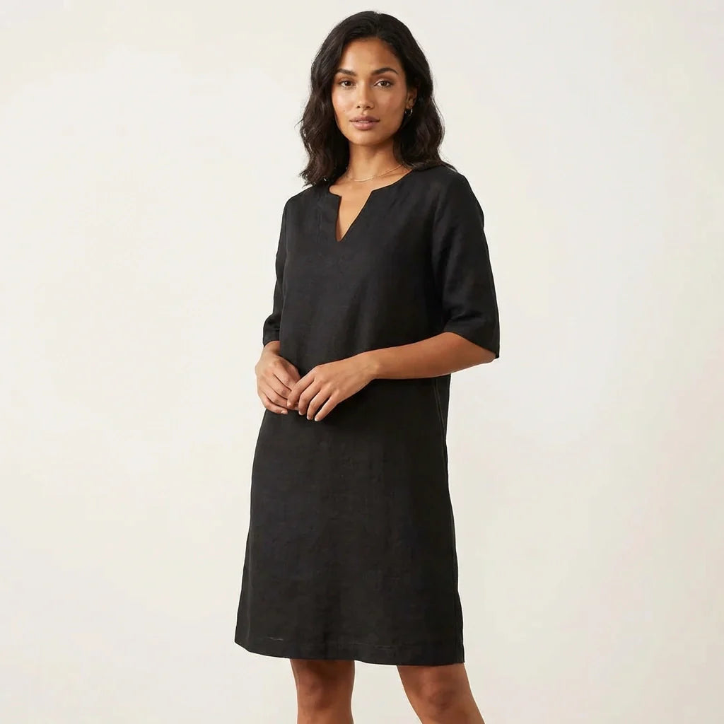 Eline - Casual Linnen Jurk Dames Midi met V-Hals en Oprolbare Mouwen