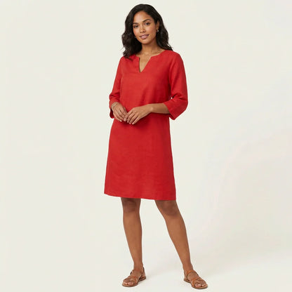Eline - Casual Linnen Jurk Dames Midi met V-Hals en Oprolbare Mouwen