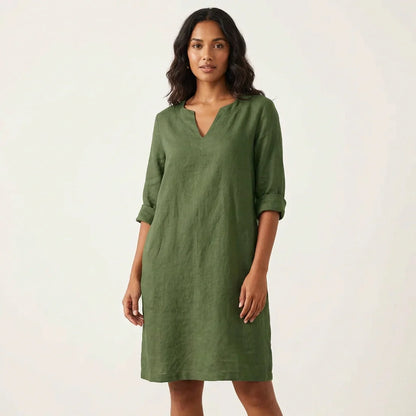Eline - Casual Linnen Jurk Dames Midi met V-Hals en Oprolbare Mouwen