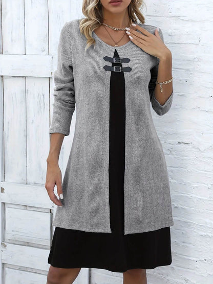 Eline - Dames Gebreide Jurk met Lange Mouwen V-hals en Laagjes Look