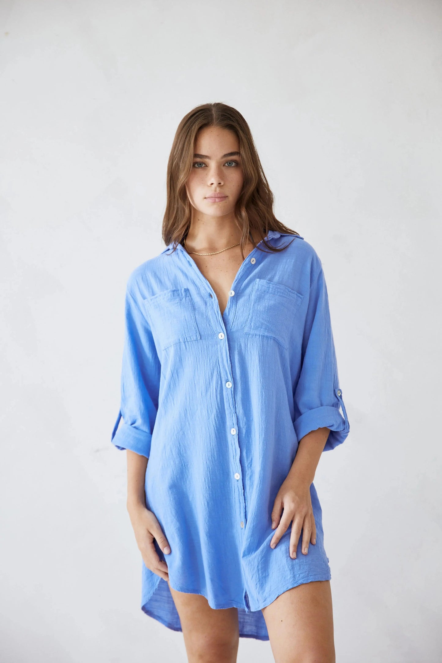 Esmee - Boho Linnen Blouse Dames met Kraag en Opgerolde Mouwen