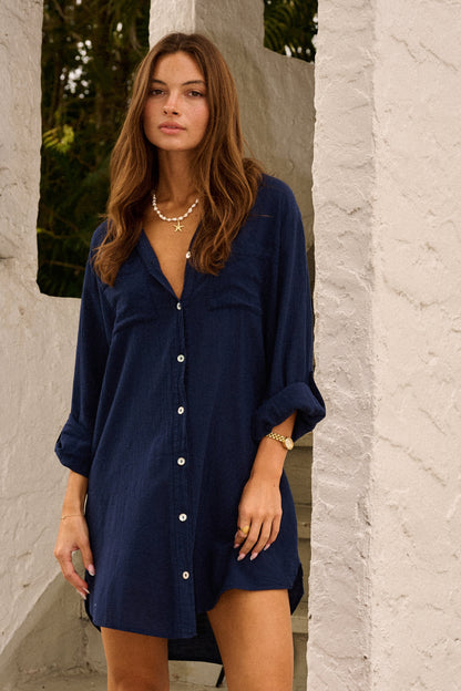 Esmee - Boho Linnen Blouse Dames met Kraag en Opgerolde Mouwen