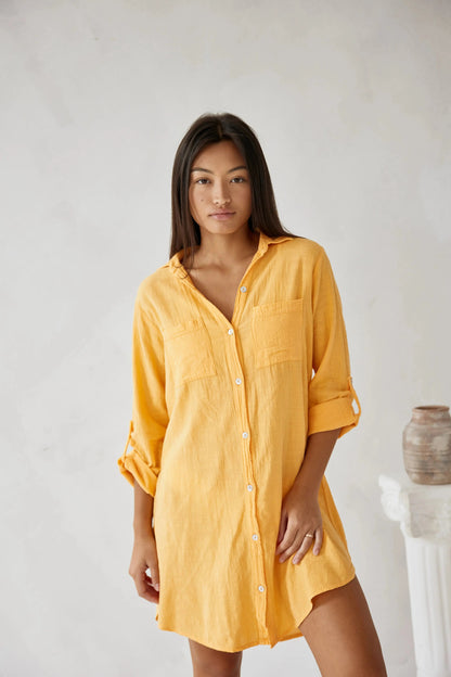 Esmee - Boho Linnen Blouse Dames met Kraag en Opgerolde Mouwen