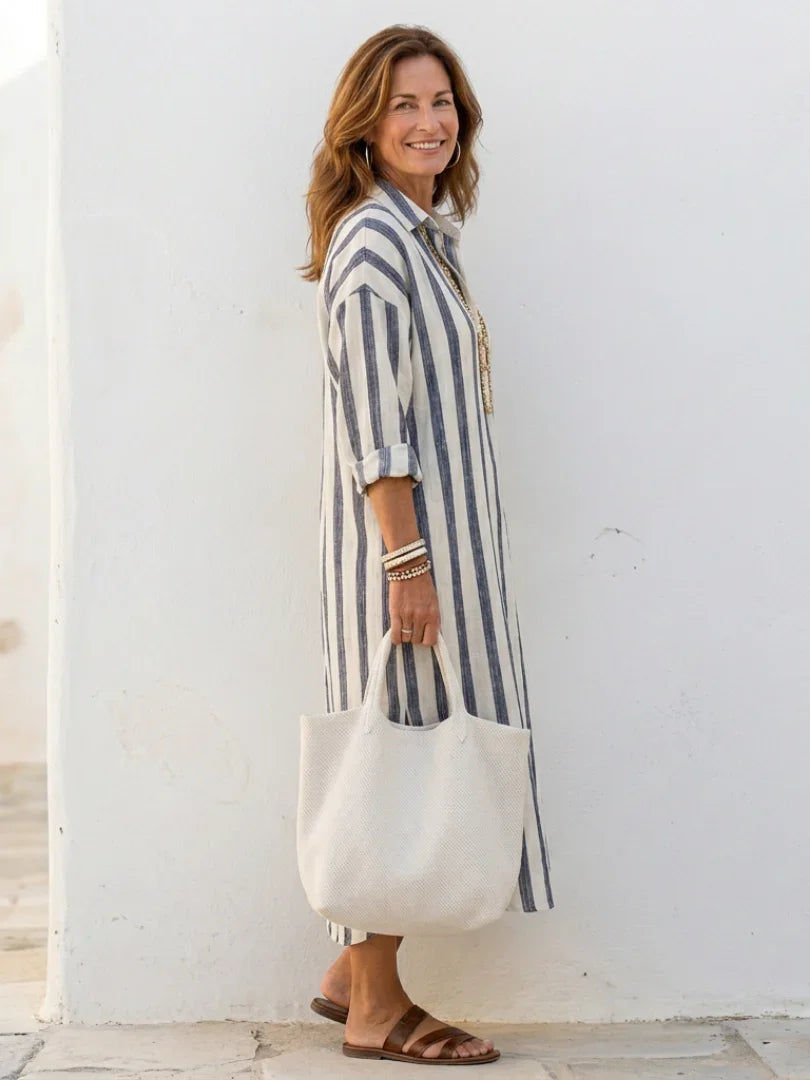 Eva - Boho Linnen Jurk Dames met Kraag en Driekwart Mouwen
