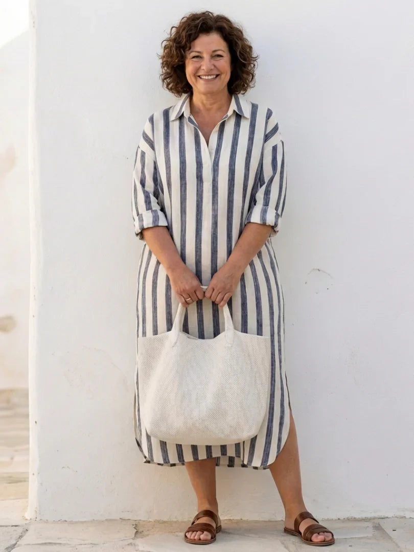Eva - Boho Linnen Jurk Dames met Kraag en Driekwart Mouwen