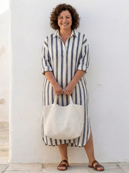 Eva - Boho Linnen Jurk Dames met Kraag en Driekwart Mouwen