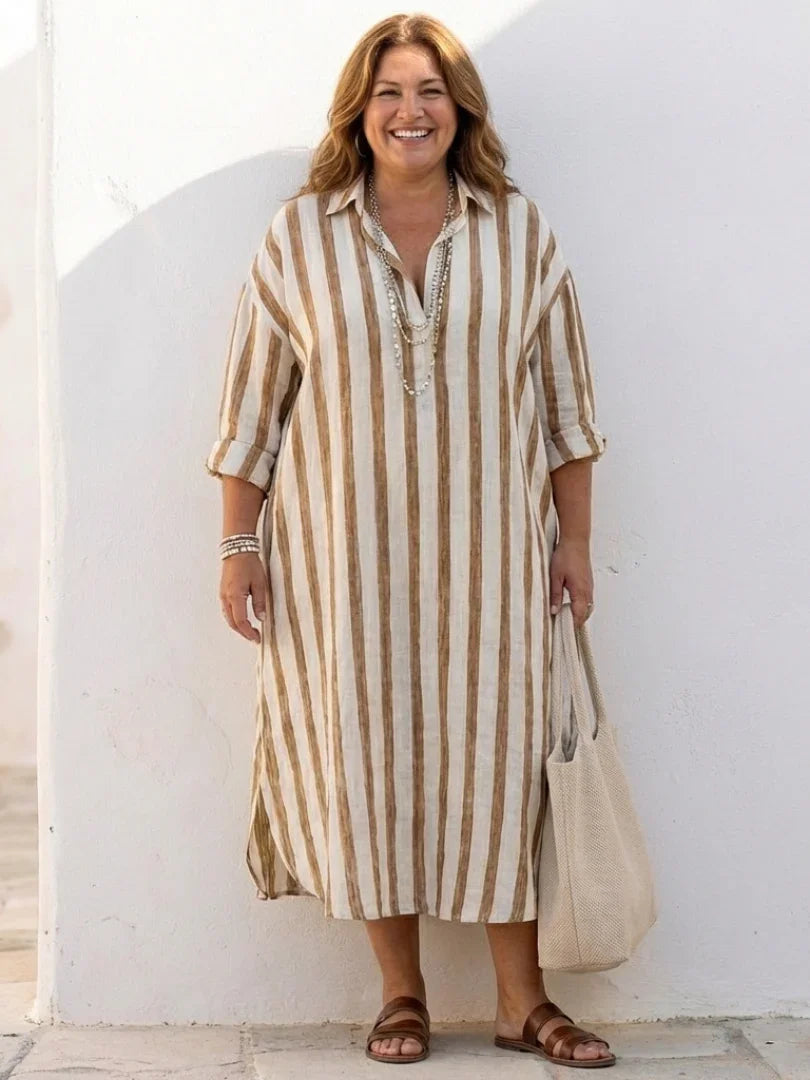 Eva - Boho Linnen Jurk Dames met Kraag en Driekwart Mouwen