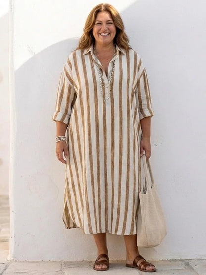 Eva - Boho Linnen Jurk Dames met Kraag en Driekwart Mouwen