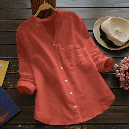 Eva - Casual Linnen Blouse Dames met V-hals en Borstzakje