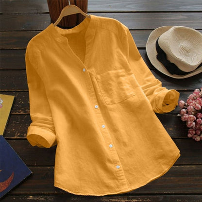 Eva - Casual Linnen Blouse Dames met V-hals en Borstzakje