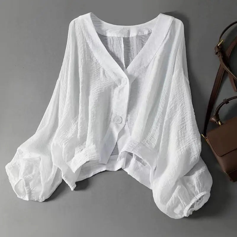 Eva - Casual Linnen Blouse Dames met V-hals en Wijde Ballonmouwen
