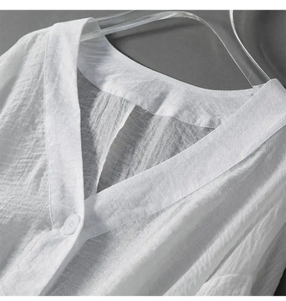 Eva - Casual Linnen Blouse Dames met V-hals en Wijde Ballonmouwen