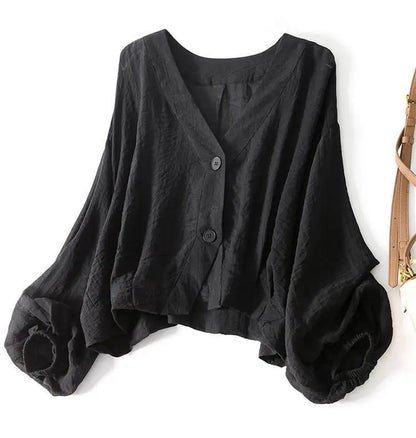 Eva - Casual Linnen Blouse Dames met V-hals en Wijde Ballonmouwen