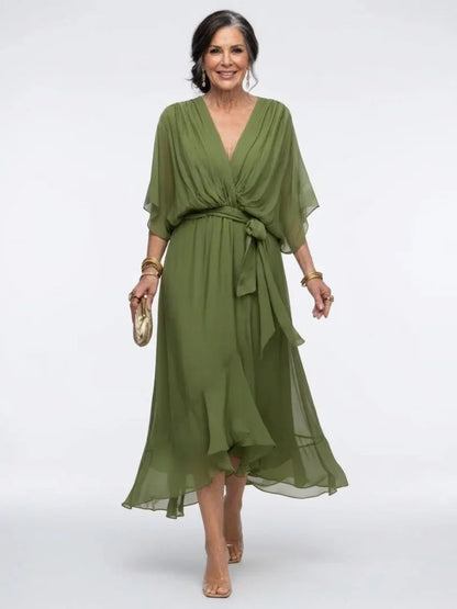 Eva - Chique Bruiloft Gast Jurk Dames met V-hals en Strikceintuur voor een Elegante Look