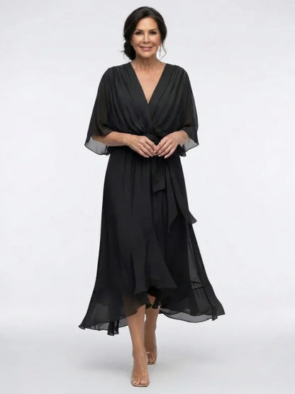 Eva - Chique Bruiloft Gast Jurk Dames met V-hals en Strikceintuur voor een Elegante Look