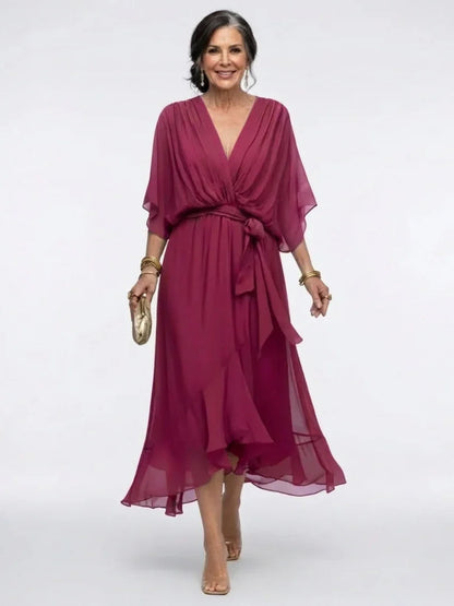 Eva - Chique Bruiloft Gast Jurk Dames met V-hals en Strikceintuur voor een Elegante Look