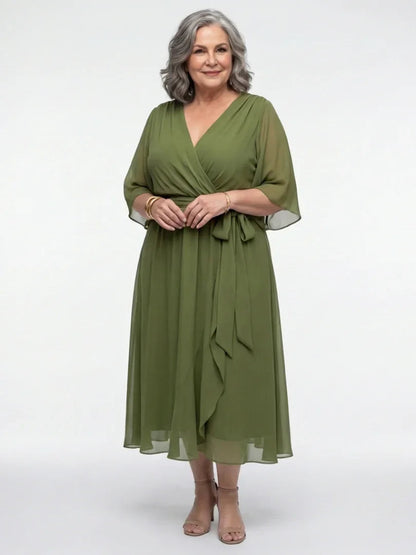 Eva - Chique Bruiloft Gast Jurk Dames met V-hals en Strikceintuur voor een Elegante Look