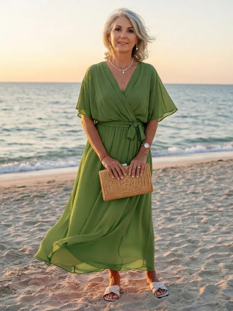 Eva - Chique Bruiloft Gast Jurk Dames met V-hals en Strikceintuur voor een Elegante Look