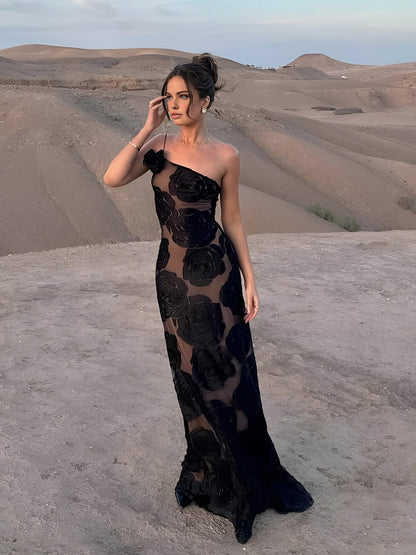 Eva - Chique Bruiloft Gastenjurk Dames One Shoulder met Bloemenapplicaties en Maxi Lengte