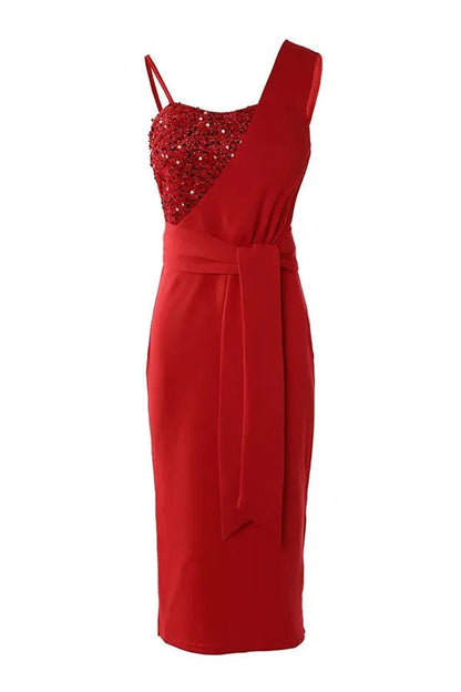 Eva - Dames Feestjurk Glitter Midi met Split en Spaghettibandjes