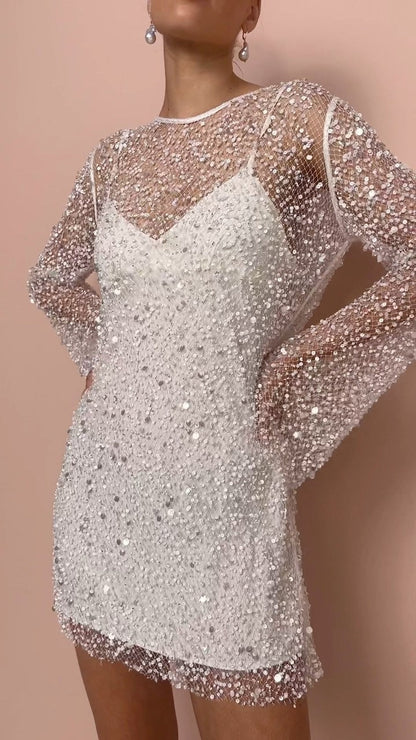 Eva - Dames Korte Feestjurk met Glitter en Lange Uitlopende Mouwen
