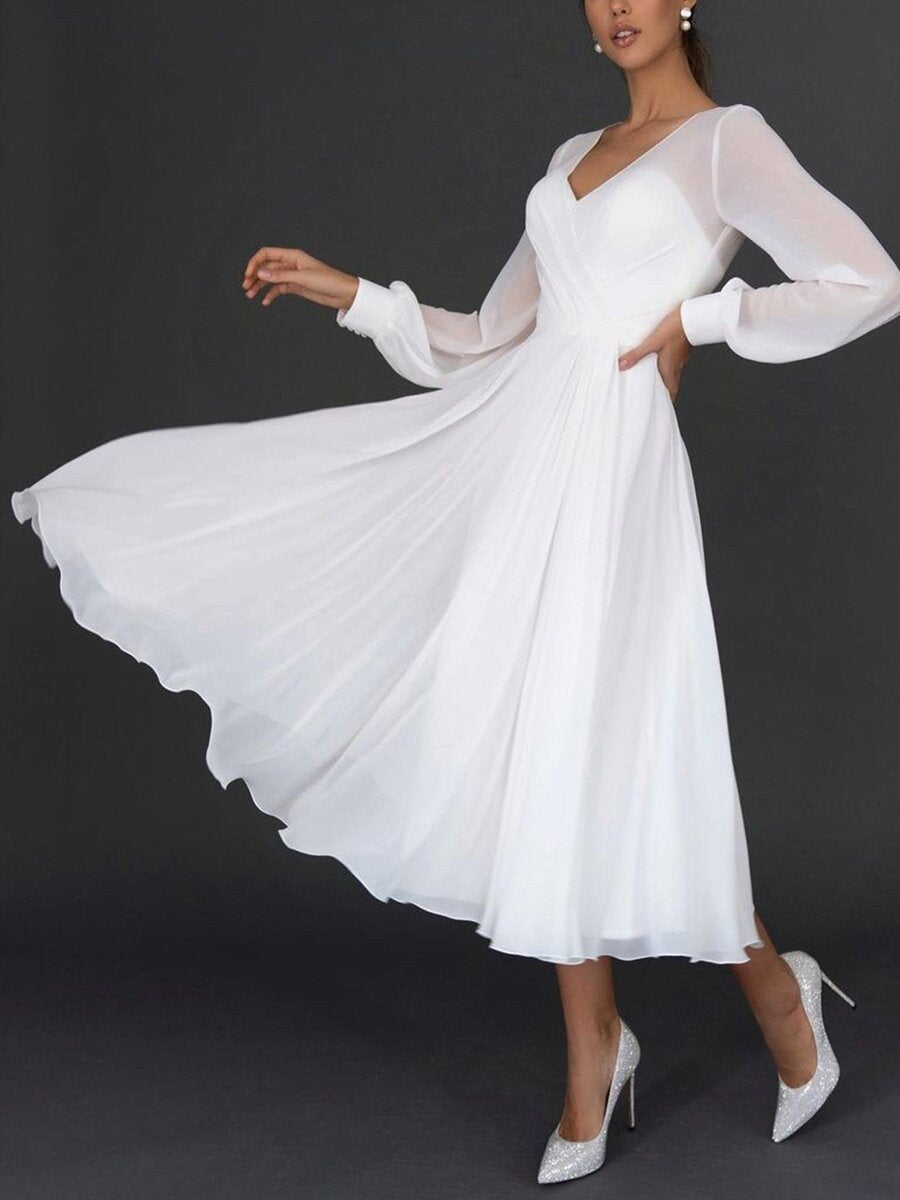 Eva - Elegante Bruiloft Gastenjurk Dames met Diepe V-hals en Volumineuze Midi-rok