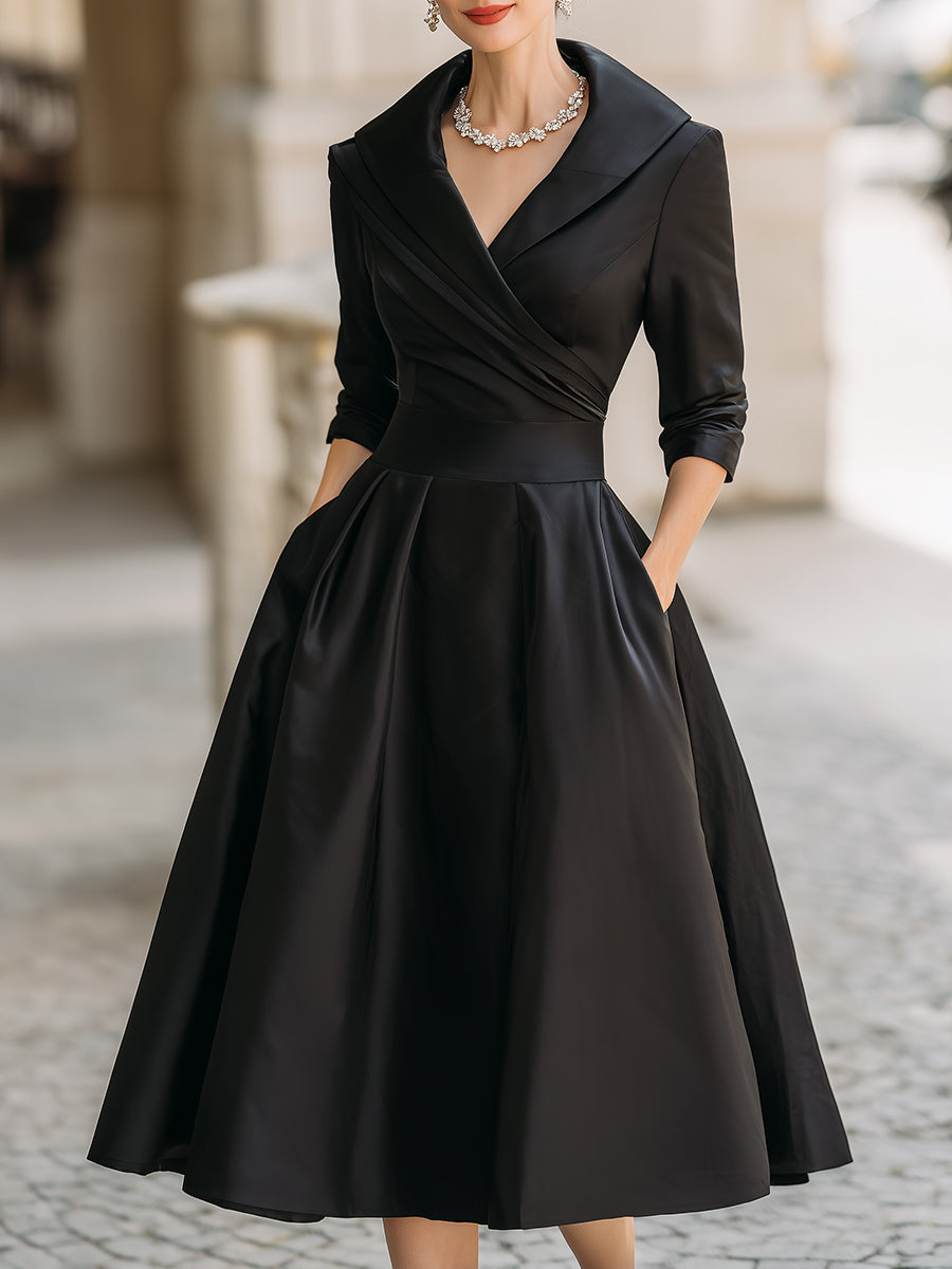 Eva - Elegante Bruiloft Gastenjurk Dames met Sjaalkraag en Uitwaaierende Rok