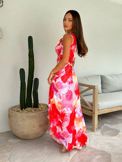 Eva - Vrolijke Zomerjurk Dames met V-hals en Geplooide Maxi Rok