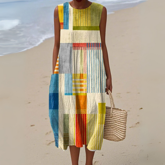Femke - Boho Linnen Jurk Dames met Mouwloos Design en Ronde Hals