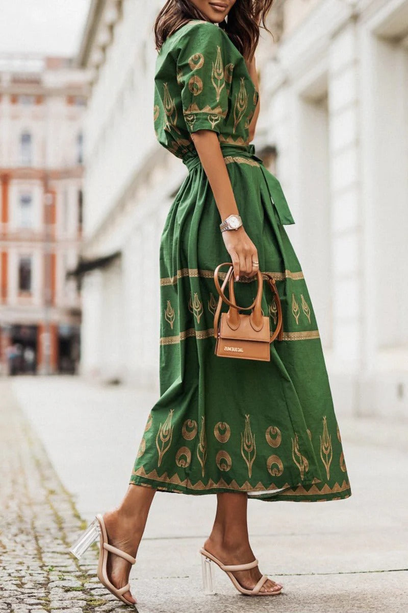 Femke - Boho Zomerjurk Dames Maxi met Etnische Print en Ceintuur