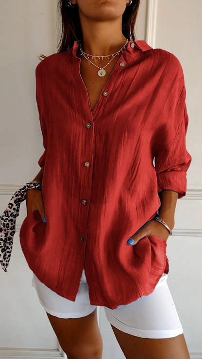 Femke - Casual Linnen Blouse Dames met Kraag en Knopensluiting