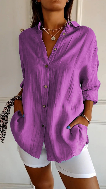 Femke - Casual Linnen Blouse Dames met Kraag en Knopensluiting