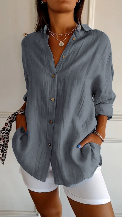 Femke - Casual Linnen Blouse Dames met Kraag en Knopensluiting