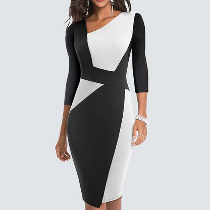 Femke - Chique Bruiloft Gastenjurk Dames met Asymmetrische Hals en Colorblock