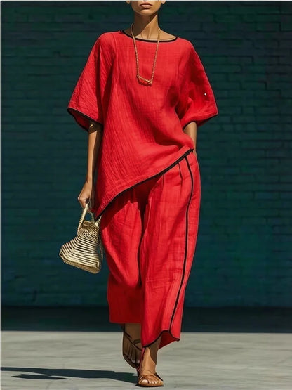 Femke - Chique Linnen Tweedelige Set Dames met Oversized Top en Wijde Broek