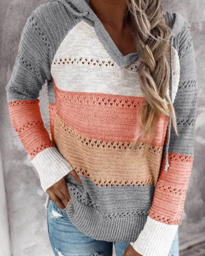 Femke - Dames Hoodie Gebreid met Kleurblokken en Opengewerkt Patroon