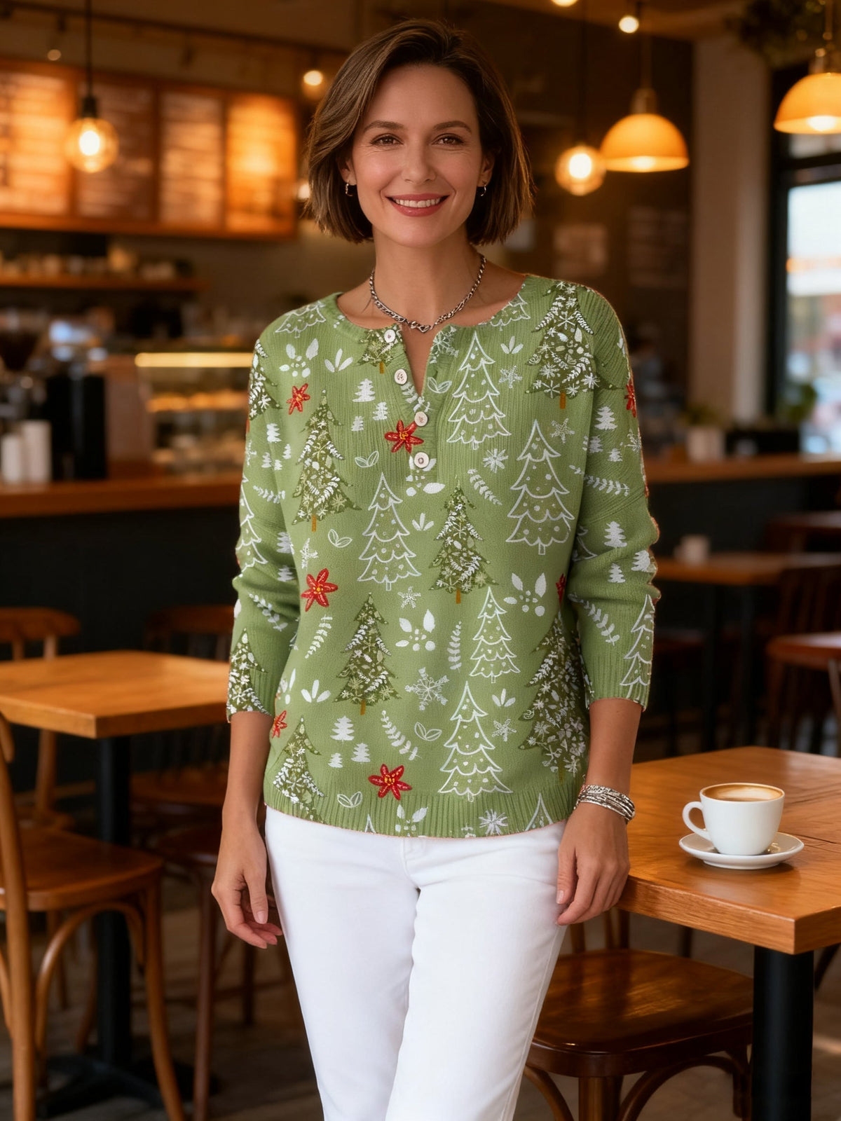 Femke - Dames Kerstblouse met Lange Mouwen V-hals en Feestelijke Print
