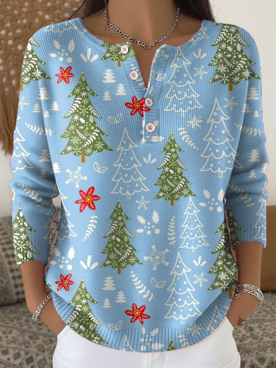Femke - Dames Kerstblouse met Lange Mouwen V-hals en Feestelijke Print