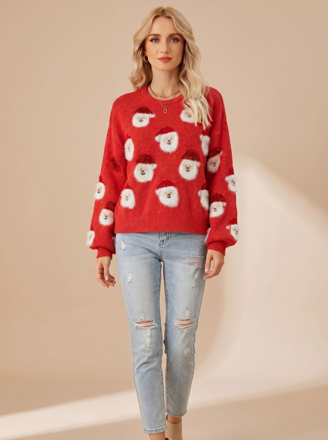 Femke - Dames Kersttrui Oversized met Kerstman Patroon en Lange Mouwen